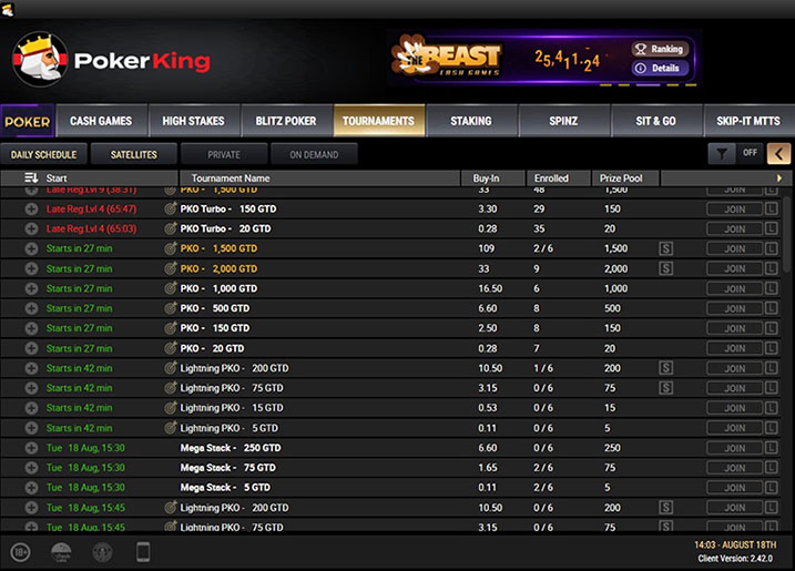 Раздел с турнирами в PokerKing